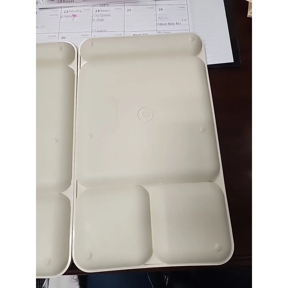 2 VTG TUPPERWARE DIVIDED SERVING LUNCH FOOD TRAY 1535-5 ALMOND CAMPING PICNIC RV
